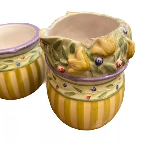 CREAMER & SUGAR SET STUDIO NOVA PROVENCE GARDEN #KT 436 YELLOW STRIPE GUC - Picture 3 of 4